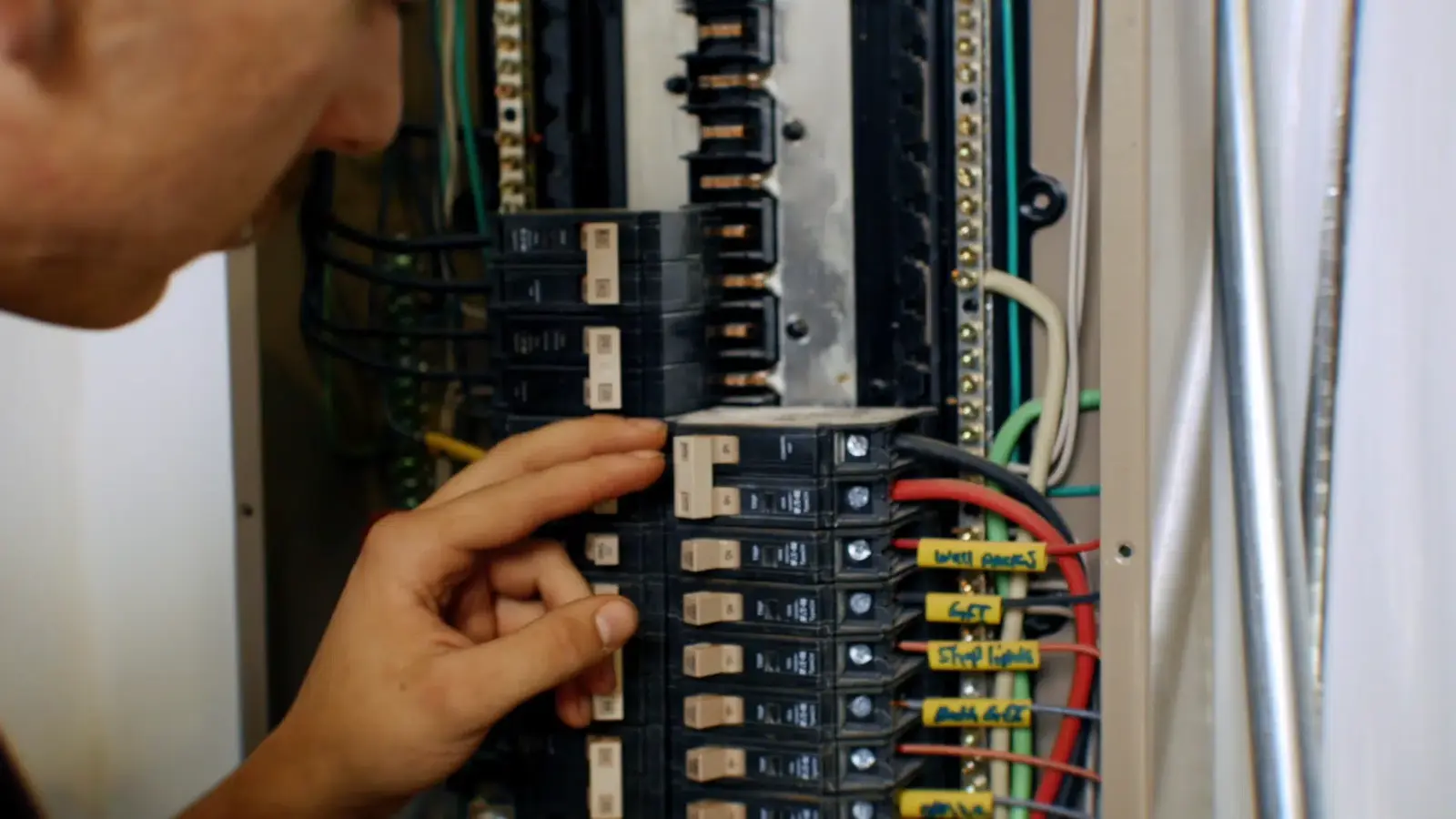 Close-up of an electrician inspecting a labeled breaker panel in St. George UT