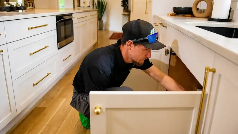 Element plumber checking under a kitchen sink for leaks in St. George, UT