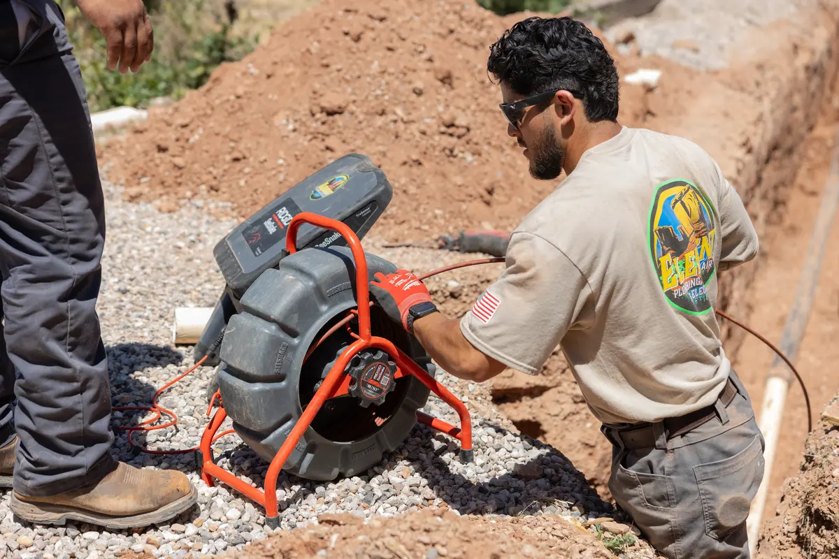 Element plumber operating a sewer camera reel in St. George, UT